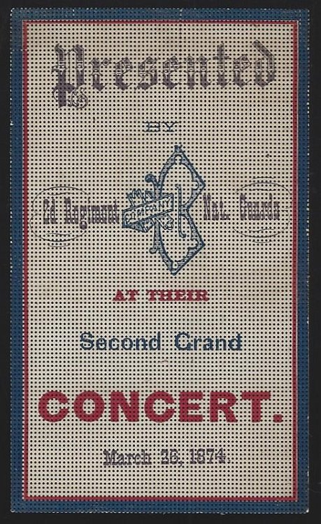 VICTORIAN CANVAS CARD 2ND REGIMENT NATIONAL GUARDS CONCERT MARCH, 26, 1874