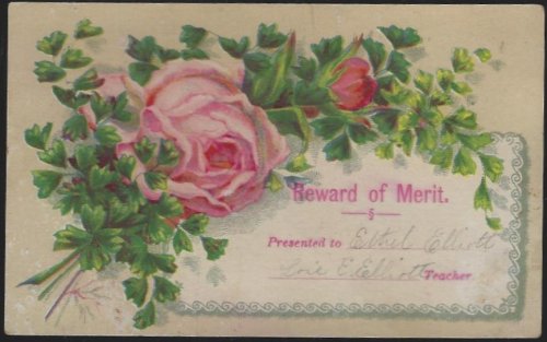 VICTORIAN REWARD OF MERIT WITH PINK ROSES