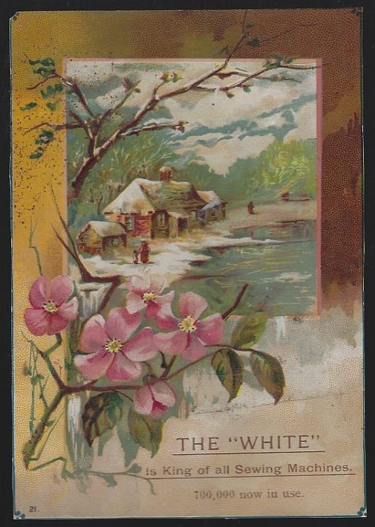 VICTORIAN TRADE CARD FOR WHITE SEWING MACHINE WITH SNOWY LANDSCAPE AND PINK FLOWERS