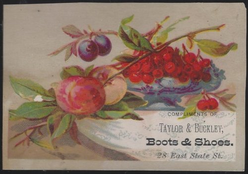 VICTORIAN TRADE CARD FOR TAYLOR AND BUCKLEY BOOTS AND SHOES WITH FRUIT
