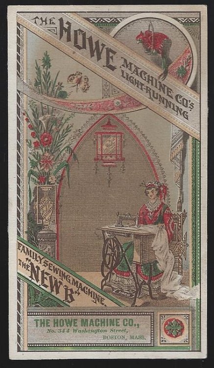 VICTORIAN TRADE CARD FOR HOWE SEWING MACHINE WITH LOVELY LADY SEWING