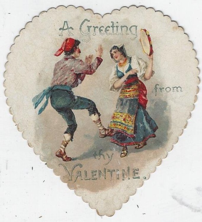 VINTAGE HEART SHAPED VALENTINE CARD WITH DANCING GYPSIES