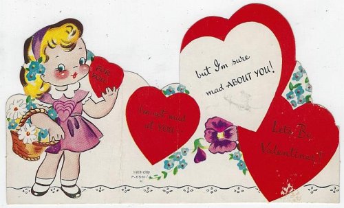 VINTAGE VALENTINE CARD WITH LOVELY GIRL WITH FLOWERS AND HEARTS