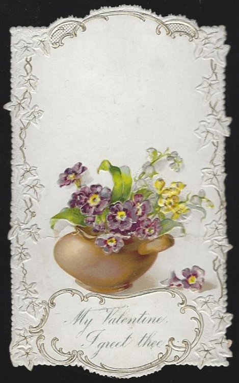 VINTAGE VALENTINE CARD WITH FLOWERS IN A POT