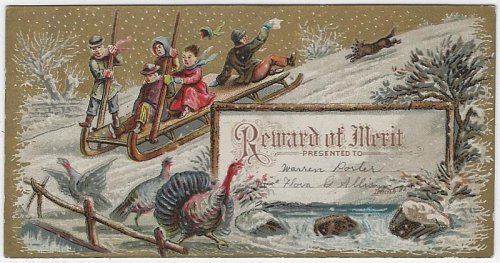 VICTORIAN REWARD OF MERIT WITH CHILDREN SLEDDING AND TURKEYS