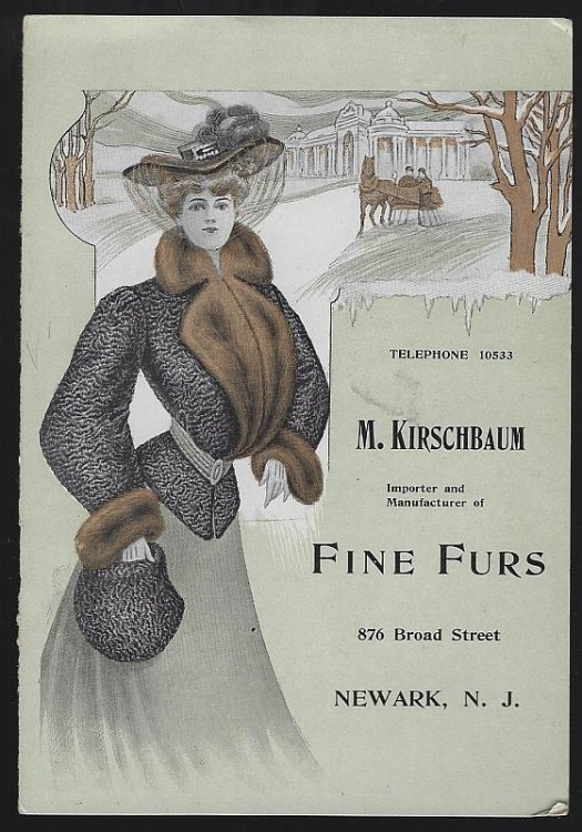 VICTORIAN TRADE CARD FOR M. KIRSCHBAUM FINE FURS WITH LOVELY LADY AND WINTER LANDSCAPE