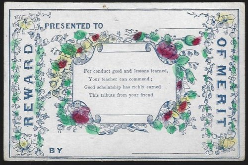 VICTORIAN REWARD OF MERIT WITH FLOWERS AND POEM