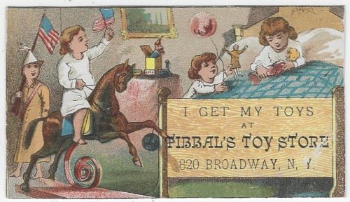 VICTORIAN TRADE CARD FOR TIBBAL'S TOY STORE WITH CHILDREN PLAYING