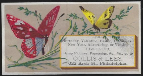 VICTORIAN TRADE CARD FOR COLLIS AND LEES CARDS WITH BUTTERFLIES