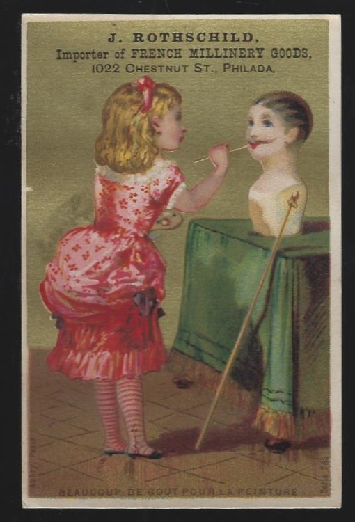VICTORIAN TRADE CARD FOR J ROTHSCHILD FRENCH MILLINERY GOODS WITH LOVELY LADY PAINTING