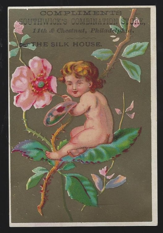VICTORIAN TRADE CARD FOR SOUTHWICK COMBINATION STORE WITH BABY PAINTING FLOWER