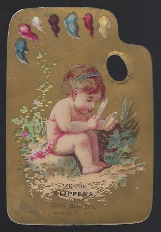 VICTORIAN DIE CUT ARTIST PALETTE TRADE CARD FOR SLIPPERS BY EZRA BENEDICT WITH YOUNG GIRL