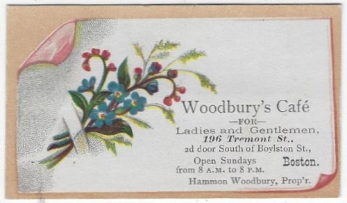 VICTORIAN TRADE CARD FOR WOODBURY'S CAFE WITH FLOWERS
