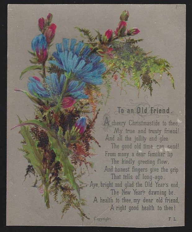CHRISTMAS CARD, TO AN OLD FRIEND POEM WITH BLUE FLOWERS AND GLITTER