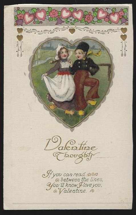 VALENTINE THOUGHTS POSTCARD WITH DUTCH COUPLE AND HEARTS