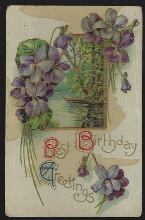 BEST BIRTHDAY GREETINGS POSTCARD WITH VIOLETS AND LANDSCAPE