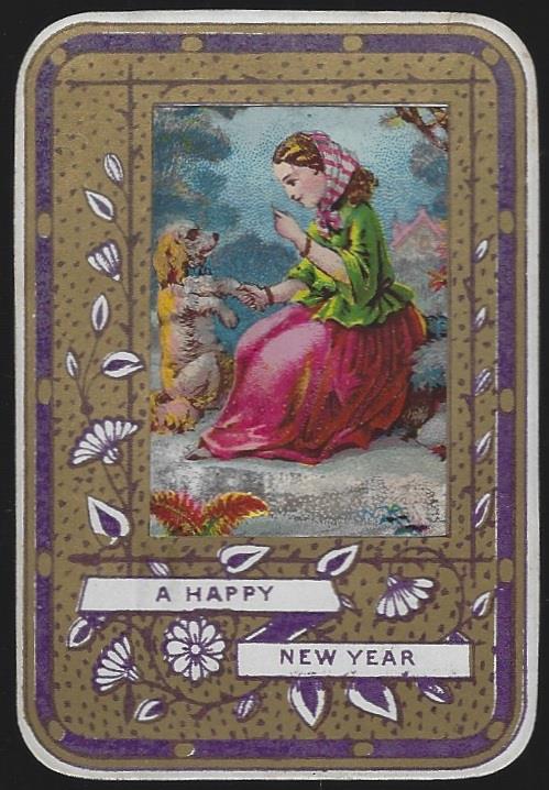 VICTORIAN HAPPY NEW YEAR CARD WITH YOUNG GIRL AND HER DOG