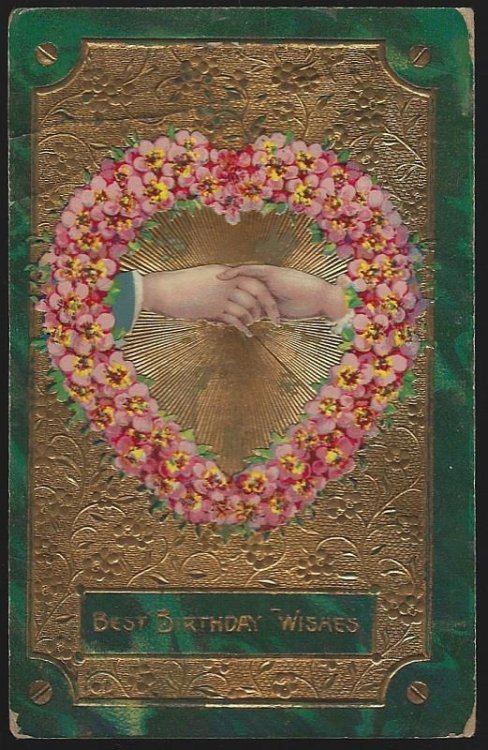 BEST BIRTHDAY GREETINGS POSTCARD WITH CLASPED HANDS AND FLOWER HEART