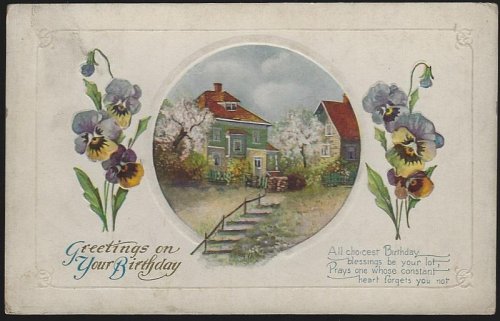 GREETINGS ON YOUR BIRTHDAY POSTCARD WITH PANSIES AND COUNTRY HOUSES