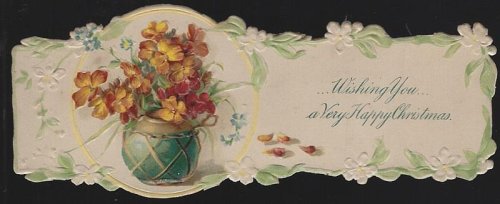 VINTAGE HAPPY CHRISTMAS DIE CUT CARD WITH VASE OF FLOWERS