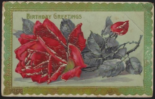 BIRTHDAY GREETING POSTCARD WITH RED ROSE AND GOLD