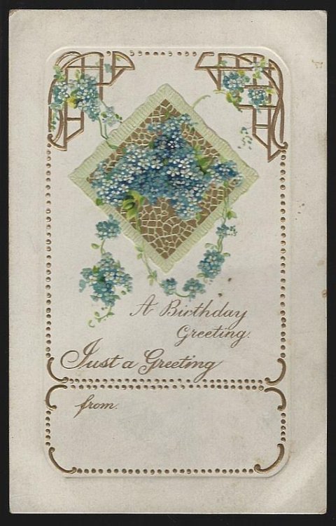BIRTHDAY GREETING POSTCARD WITH BLUE FLOWERS AND GOLD