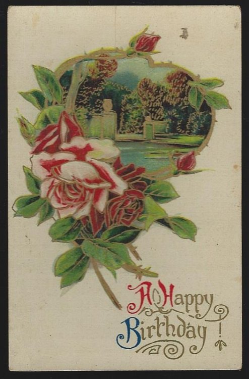 HAPPY BIRTHDAY POSTCARD WITH RED ROSES, LANDSCAPE AND GOLD
