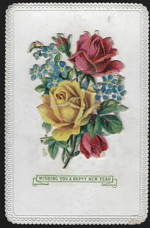 VICTORIAN HAPPY NEW YEAR CARD WITH BOUQUET OF FLOWERS