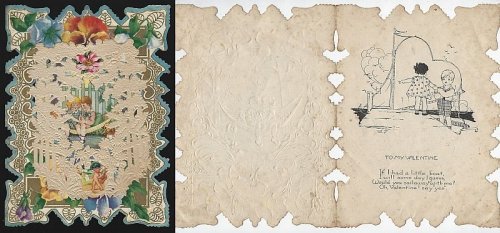 VINTAGE VALENTINE LACE OVERLAY WITH BOY AND GIRL SITTING IN HAMMOCK