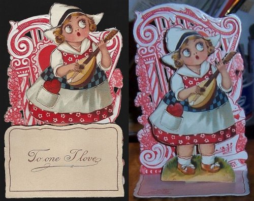 VICTORIAN FOLD OUT VALENTINE WITH SINGING DUTCH GIRL PLAYING A MANDOLIN
