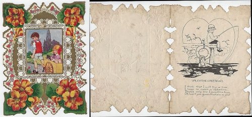 VINTAGE VALENTINE CARD WITH BOY PULLING A GIRL SITTING IN WAGON