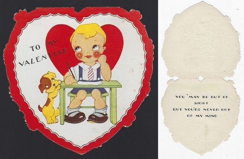 VINTAGE HEART SHAPED VALENTINE CARD WITH SCHOOL BOY AND DOG
