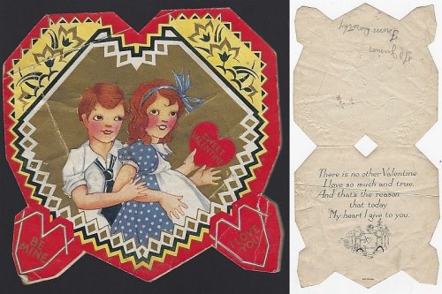 VINTAGE HEART SHAPED VALENTINE CARD WITH BOY AND GIRL AND HEARTS