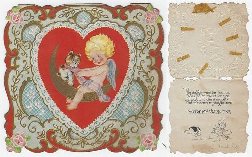 VINTAGE VALENTINE CARD WITH LITTLE GIRL SITTING ON MOON WITH HER DOG