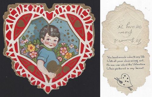 VINTAGE HEART SHAPED VALENTINE CARD WITH LITTLE BOY HOLDING GOLD HEART