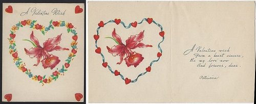 VINTAGE VALENTINE CARD WITH IRIS AND FLOWER HEART