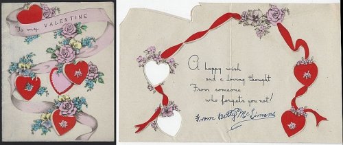 VINTAGE VALENTINE CARD WITH HEARTS, FLOWERS AND RIBBON