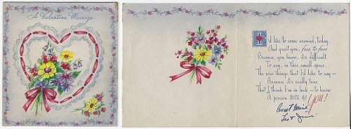 VINTAGE VALENTINE CARD WITH FLOWERS AND RIBBON HEART