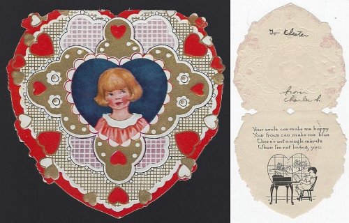 VINTAGE HEART SHAPED VALENTINE CARD WITH LITTLE GIRL IN PINK DRESS