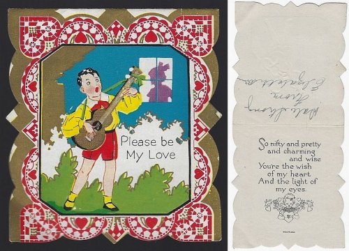 VINTAGE VALENTINE CARD WITH LITTLE BOY PLAYING GUITAR AND SINGING