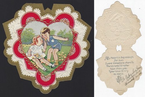 VINTAGE HEART SHAPED VALENTINE CARD WITH LITTLE BOY AND GIRL PICKING FLOWERS