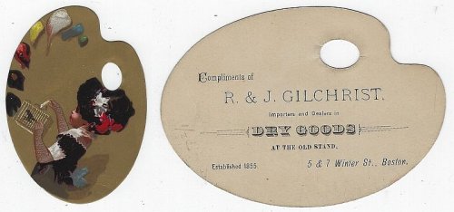 VICTORIAN DIE CUT ARTIST PALETTE TRADE CARD FOR R & J GILCHRIST DRY GOODS WITH LITTLE GIRL FEEDING BIRD