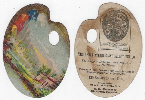 VICTORIAN DIE CUT ARTIST PALETTE TRADE CARD FOR GREAT ATLANTIC AND PACIFIC TEA COMPANY WITH LANDSCAPE