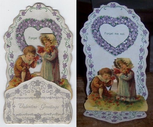 VICTORIAN FOLD OUT VALENTINE CARD WITH BOY AND GIRL PICKING FLOWERS
