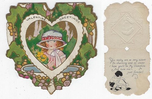 VINTAGE VALENTINE CARD WITH LITTLE GIRL IN GARDEN