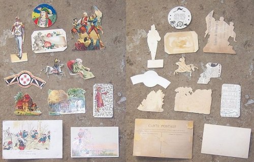 LOT OF TWELVE SCRAP VICTORIAN TRADE CARDS POSTCARDS AND DIE CUT MILITARY MEN