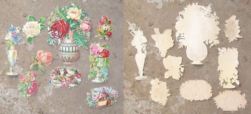 LOT OF NINE SCRAP VICTORIAN DIE CUT FLOWERS ROSES VASES HANDS BIRDS