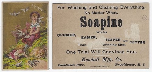 VICTORIAN TRADE CARD FOR SOAPINE WITH MOTHER AND CHILD FEEDING BIRDS