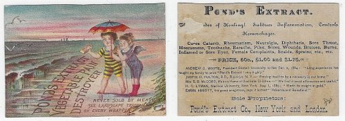 VICTORIAN TRADE CARD FOR POND'S EXTRACT WITH GIRL AND BOY AT BEACH