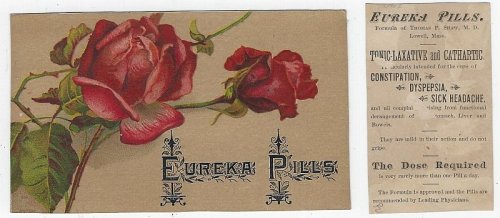 VICTORIAN TRADE CARD FOR EUREKA PILLS WITH RED ROSES